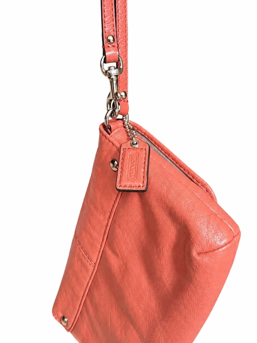 Coach Coral/Salmon Leather Convertible Wristlet Clutch Gathered Front Logo Purse - Picture 6 of 9